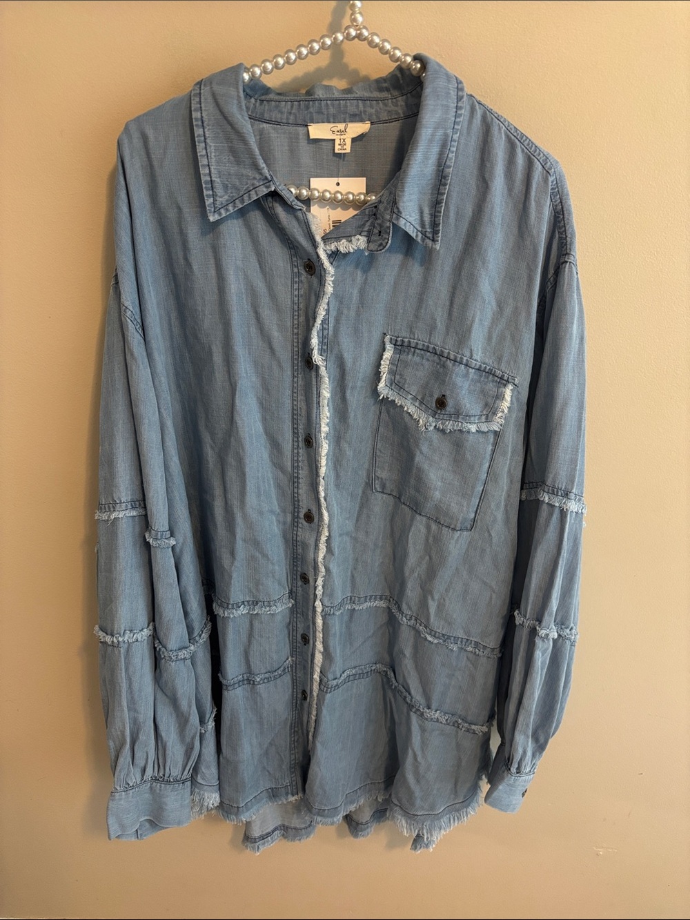 NEW EASEL Washed Denim Tunic Shirt Shacket 1X Boho Frayed Patchwork Oversized